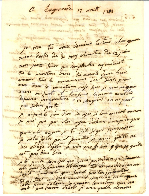 1783 AGEN (F) Marthe DURAND DE LAGRAVADE pigra e indolente *Lettera