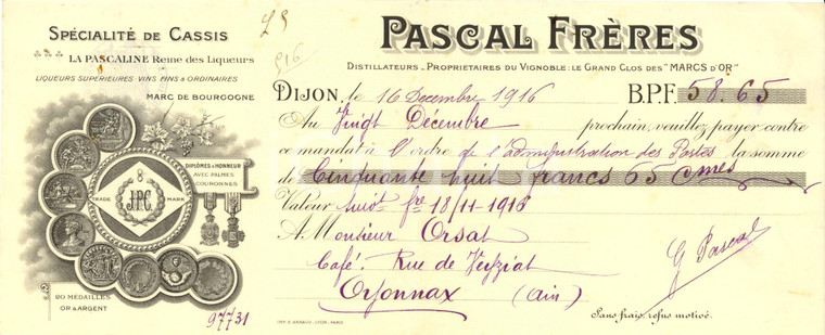 1916 DIJON (F) Distillateurs PASCAL frerès LA PASCALINE *Cambiale pubblicitaria