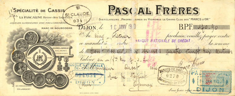 1920 DIJON (F) Distillateurs PASCAL frerès LA PASCALINE *Cambiale pubblicitaria