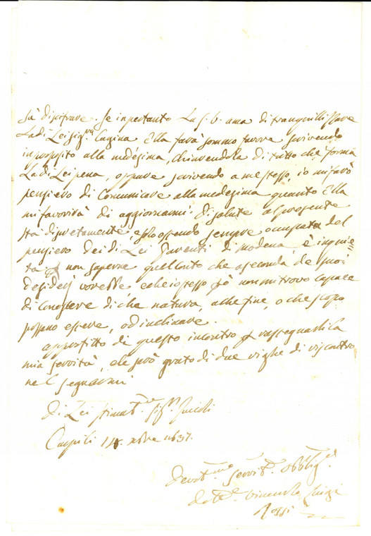 1837 CARPI (MO) Lettera Vincenzo Luigi ROSSI a Vincenzo ZUCCOLI *Autografo