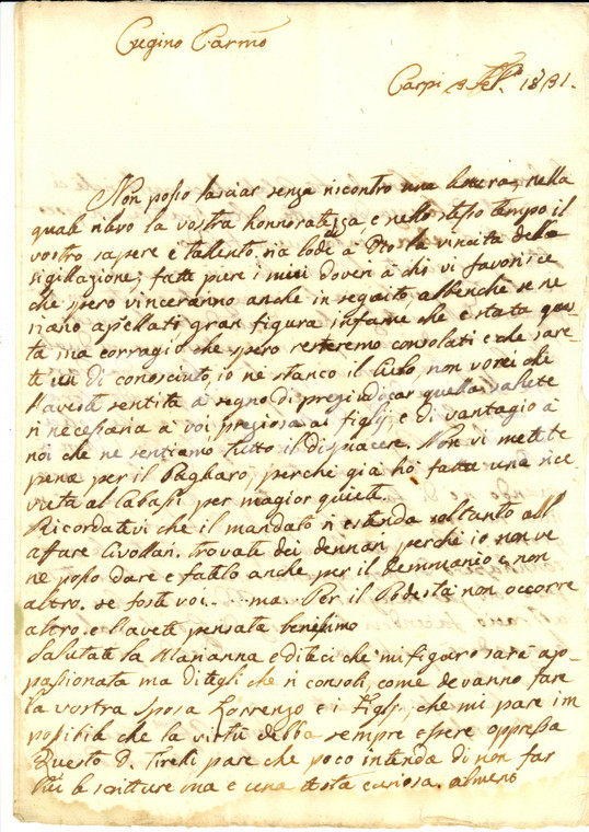 1831 CARPI (MO) Maria Laura ZUCCOLI CORRADI chiede denari al cugino Vincenzo