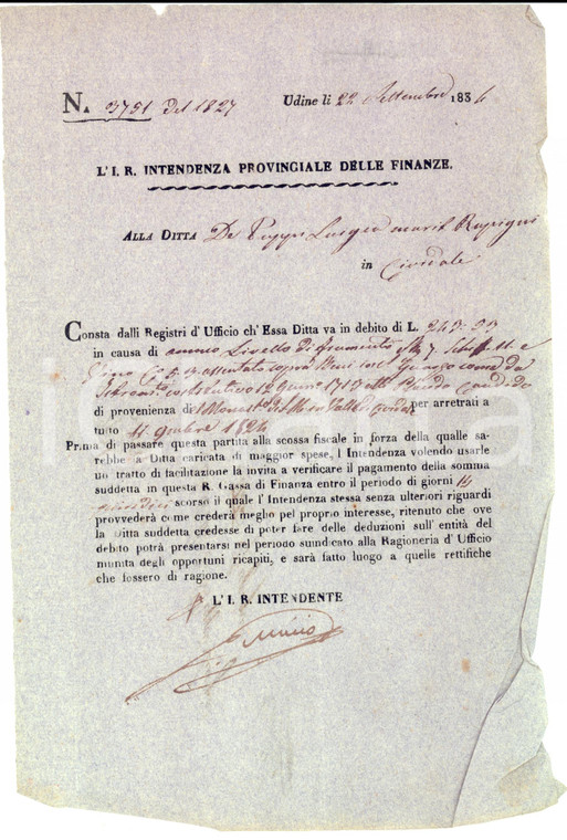 1834 CIVIDALE DEL FRIULI (UD) Debiti Luigia DE PUPPI convento S. MARIA IN VALLE