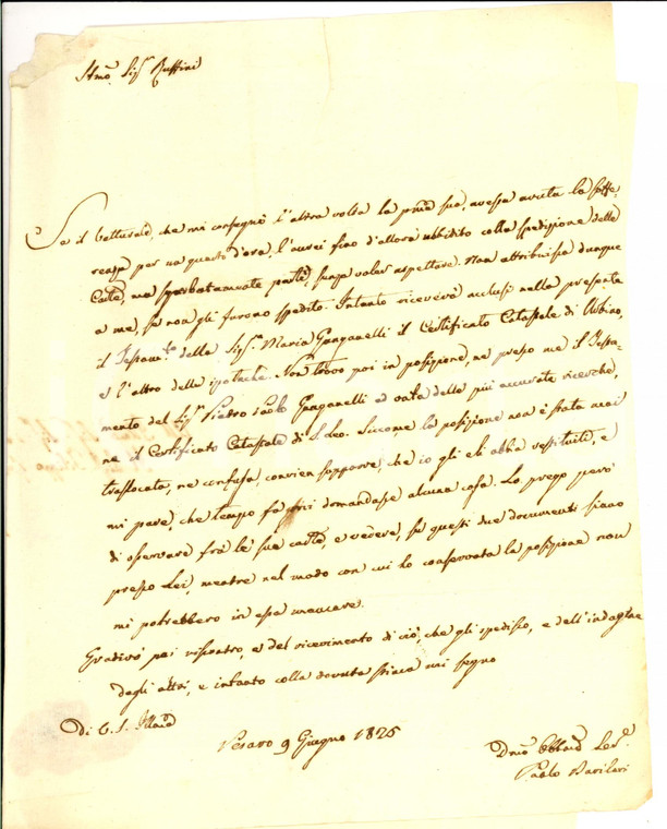 1825 PESARO Avv. Paolo BARILARI lavora su eredità GANGANELLI *Autografo