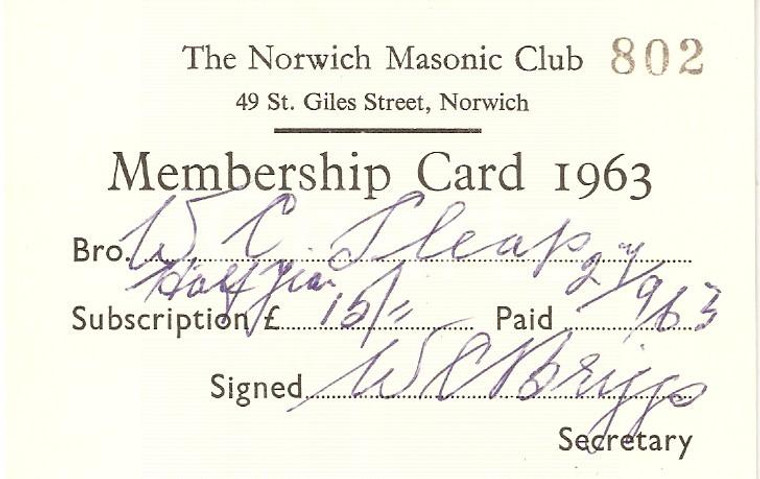 1963 UK MASSONERIA The Norwich Masonic Club *Membership Card