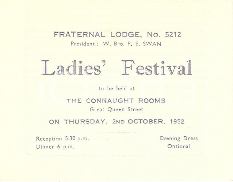 1952 UK MASSONERIA Fraternal Lodge 5212 Ladies' Festival *Biglietto