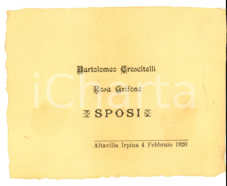 1920 ALTAVILLA IRPINA (AV) Nozze Bartolomeo CRESCITELLI - Rosa GRIFONE