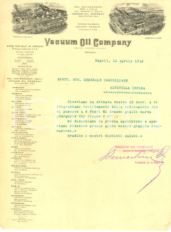 1916 GENOVA Grasso GARGOYLE VACUUM OIL COMPANY a miniere IRPINIA