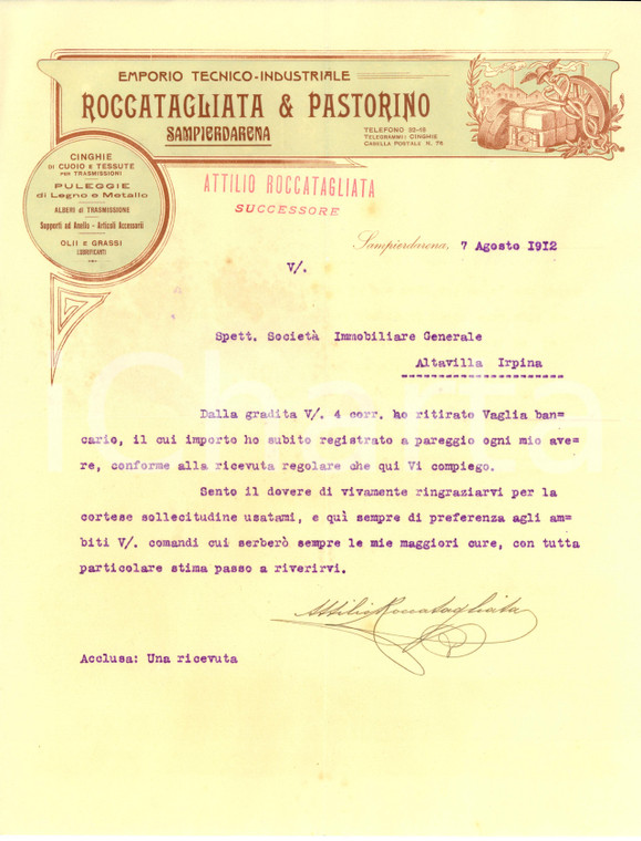 1912 GENOVA SAMPIERDARENA Emporio tecnico-industriale ROCCATAGLIATA & PASTORINO