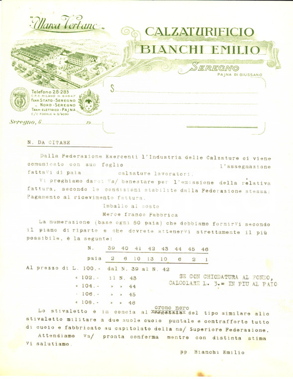 1943 SEREGNO (MB) Calzaturificio EMILIO BIANCHI pro minatori ALTAVILLA IRPINA