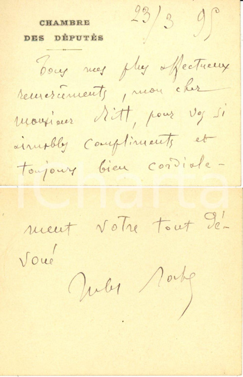 1895 PARIS Carte ministre Jules ROCHE Chambre des DEPUTES *Autographe