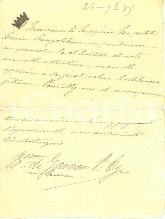 1885 PARIS Comtesse Marie BOISSEAU DE GOUVION-SAINT CYR  *Autographe