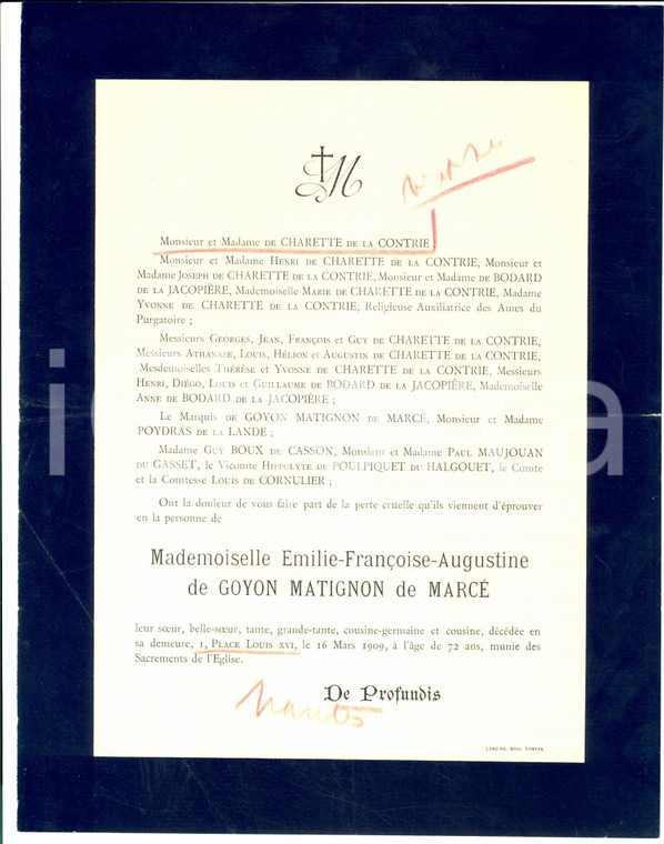 1909 NANTES Annuncio morte nobile Emilie Françoise DE GOYON MATIGNON DE MARCE'