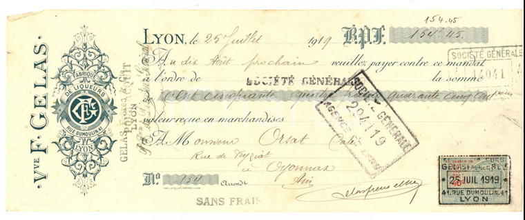 1919 LYON (F) Fabbrica di liquori F. GELAS *Cambiale pubblicitaria