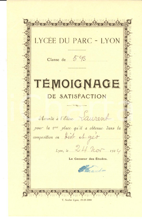 1924 LYON (F) LYCEE DU PARC Témoignage de satisfaction élève LAURENT histoire