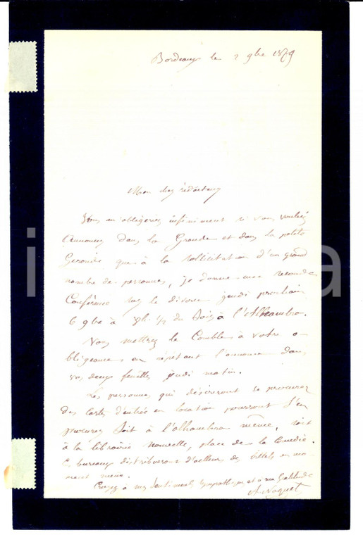 1879 BORDEAUX Alfred NAQUET organizza conferenza sul divorzio *AUTOGRAPH