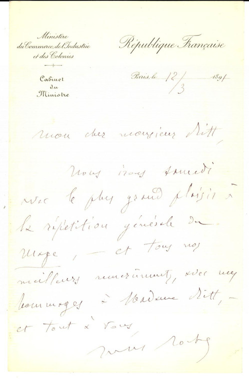 1891 PARIS Ministro Jules ROCHE accetta invito a una serata  *Autografo