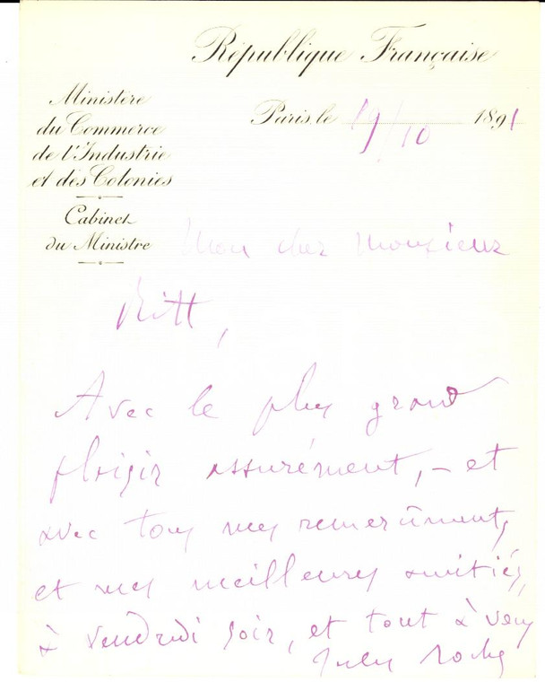 1891 PARIS Ministro Jules ROCHE accetta un invito  *Autografo