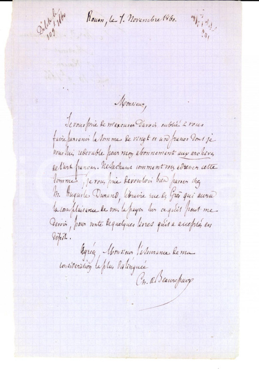 1860 ROUEN Lettre Charles de ROBILLARD DE BEAUREPAIRE *AUTOGRAPH