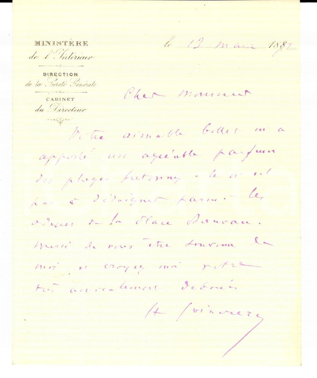 1892 PARIS Direction Sureté Générale HENRY-EDMOND SOINOURY *Autograph