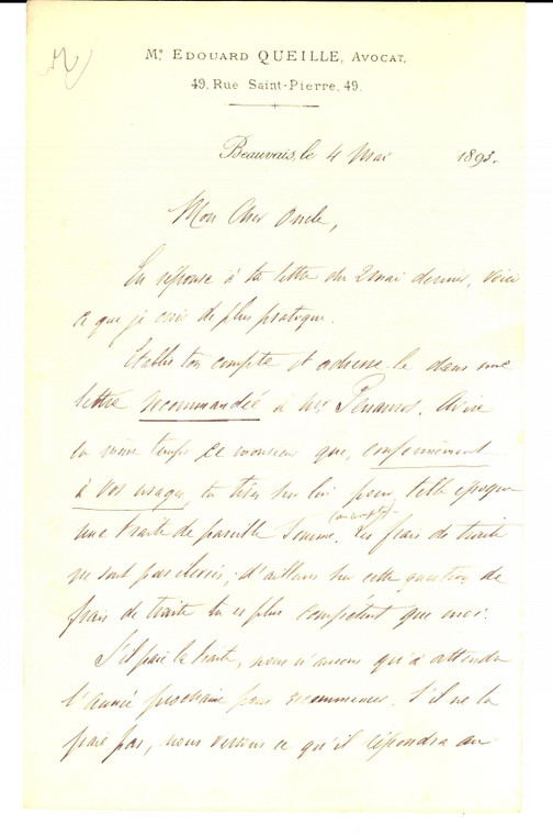 1893 BEAUVAIS Avocat Edouard QUEILLE sur le paiement d'une traite *AUTOGRAPH