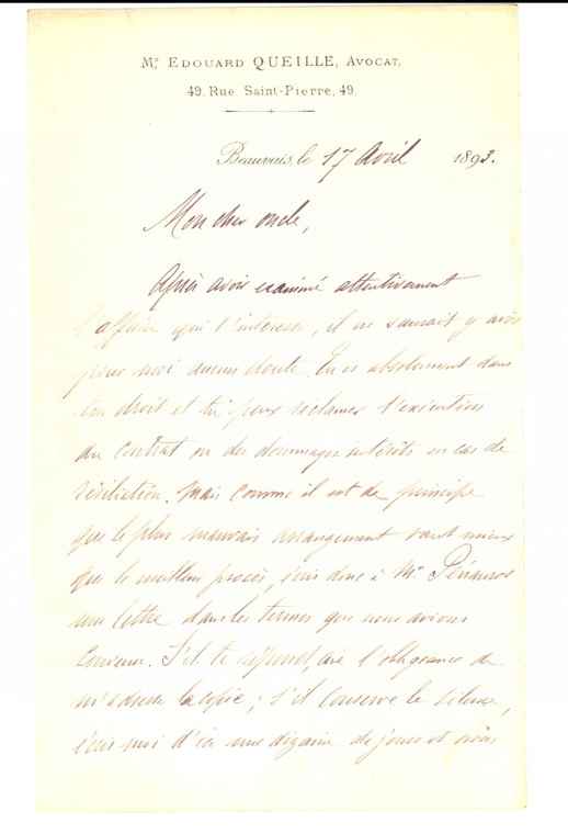 1893 BEAUVAIS Lettre avocat Edouard QUEILLE à son oncle *AUTOGRAPH