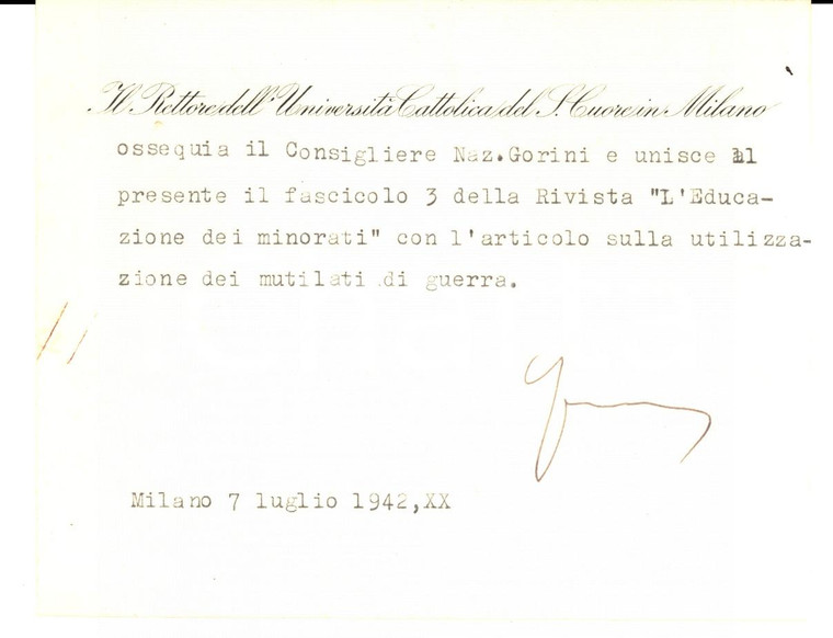 1942 MILANO Università CATTOLICA Agostino GEMELLI a Alessandro GORINI *AUTOGRAFO