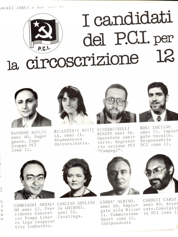 1985 MILANO Elezioni regionali  LOMBARDIA Candidati del PCI Circoscrizione 12