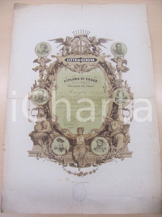 1877 GENOVA Diploma d'onore Giuseppe MAIOGLIO Regio Istituto Tecnico