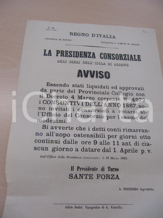 1869 ARIANO NEL POLESINE (RO) Invito Ufficio Consorzio agli SCOLI *Manifesto