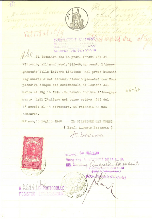 1949 MILANO Certificato Ada ANNONI con autografo Augusto BECCARIA