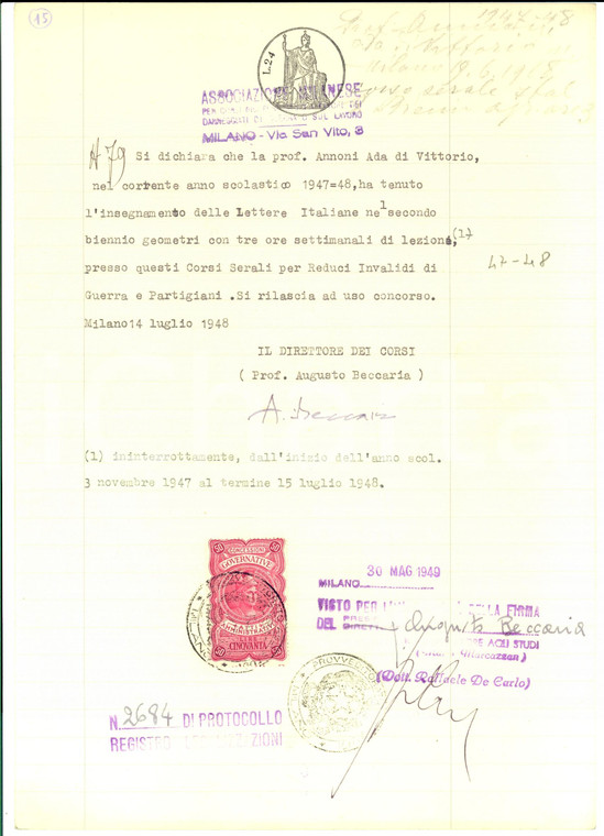 1949 MILANO Certificato Ada ANNONI con autografo prof. Augusto BECCARIA