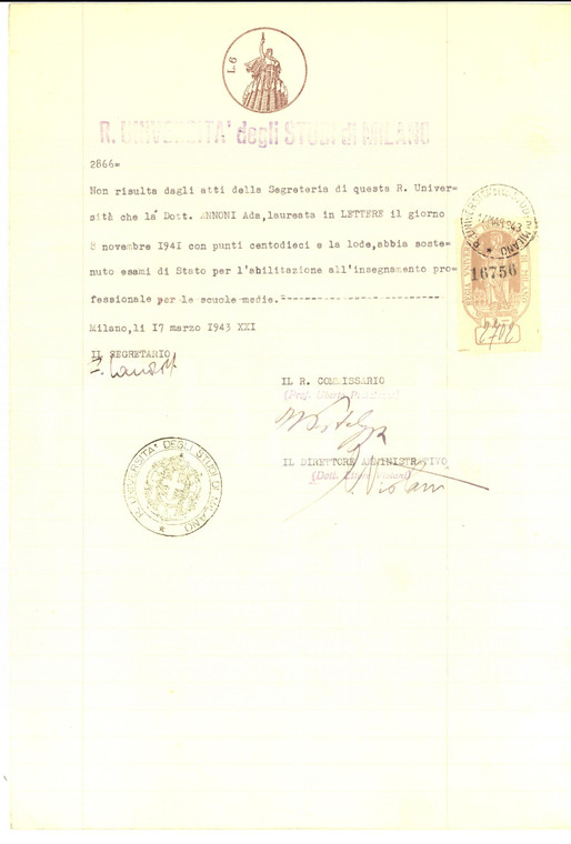 1943 Università di MILANO Certificato con autografo prof. Uberto PESTALOZZA