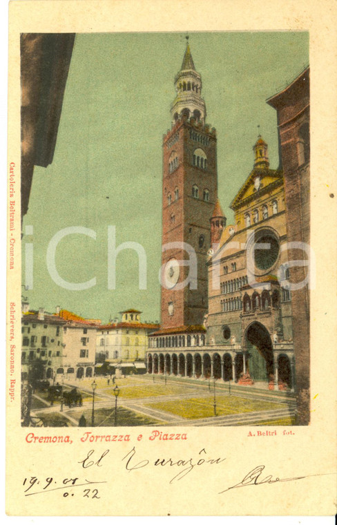 1901 CREMONA Veduta della piazza con la TORRAZZA *Cartolina FP VG