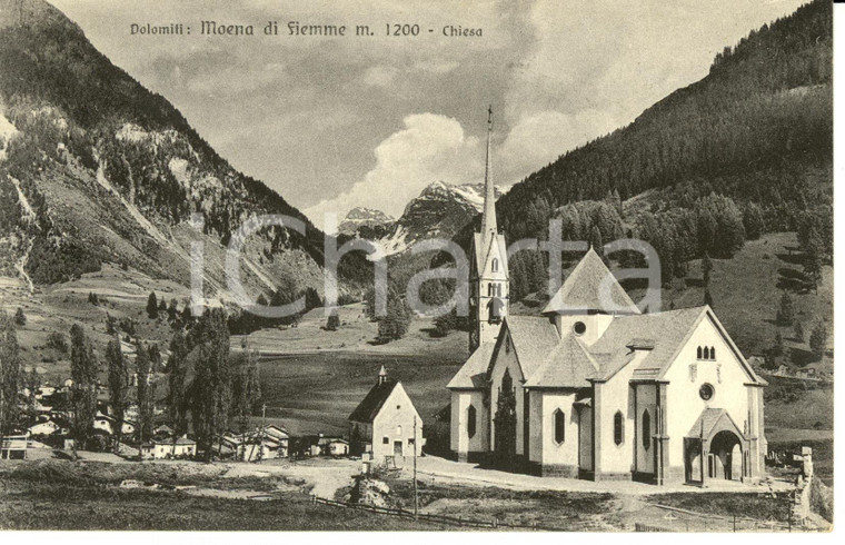 1937 MOENA (TN) Scorcio panoramico con chiesa e DOLOMITI FIEMME *Cartolina FP VG