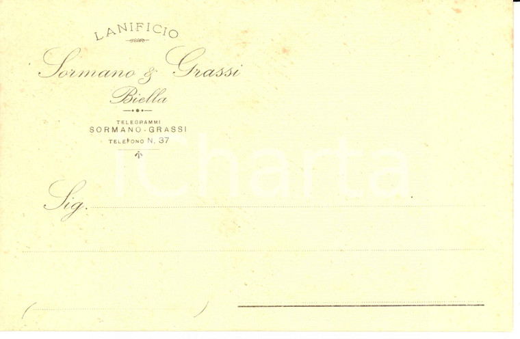 1900 ca BIELLA Lanificio SORMANO & GRASSI *Cartolina intestata FP NV