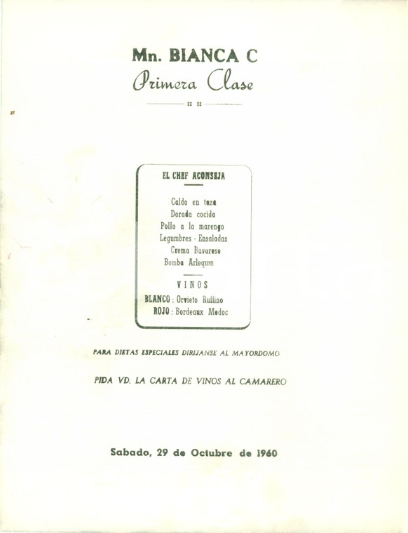 1960 M/N BIANCA C Comida Menù pranzo prima classe *ILLUSTRATO Giovanni SEGANTINI