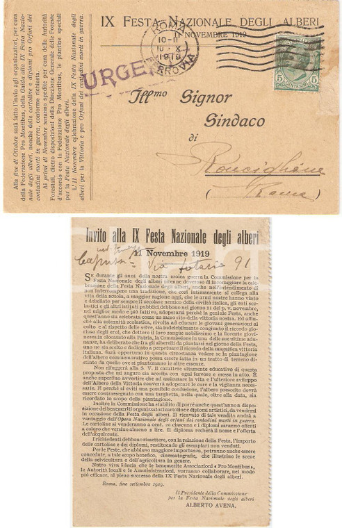 1919 ROMA Invito alla IX Festa Nazionale degli Alberi *Cartolina postale FP VG