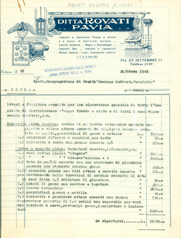 1946 PAVIA Ditta Giuseppe ROVATI Riparazioni pompe a motore *Fattura ILLUSTRATA