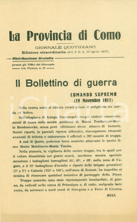 1917 ALTOPIANO ASIAGO WWI Bollettino Guerra Scontri artiglieria BANDENECCHE