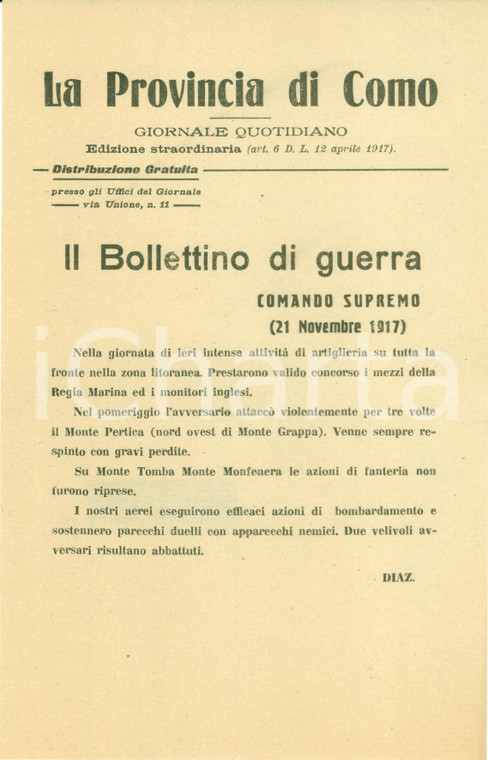 1917 FRONTE DEL PIAVE WWI Bollettino Guerra Scontri artiglieria Monte PERTICA