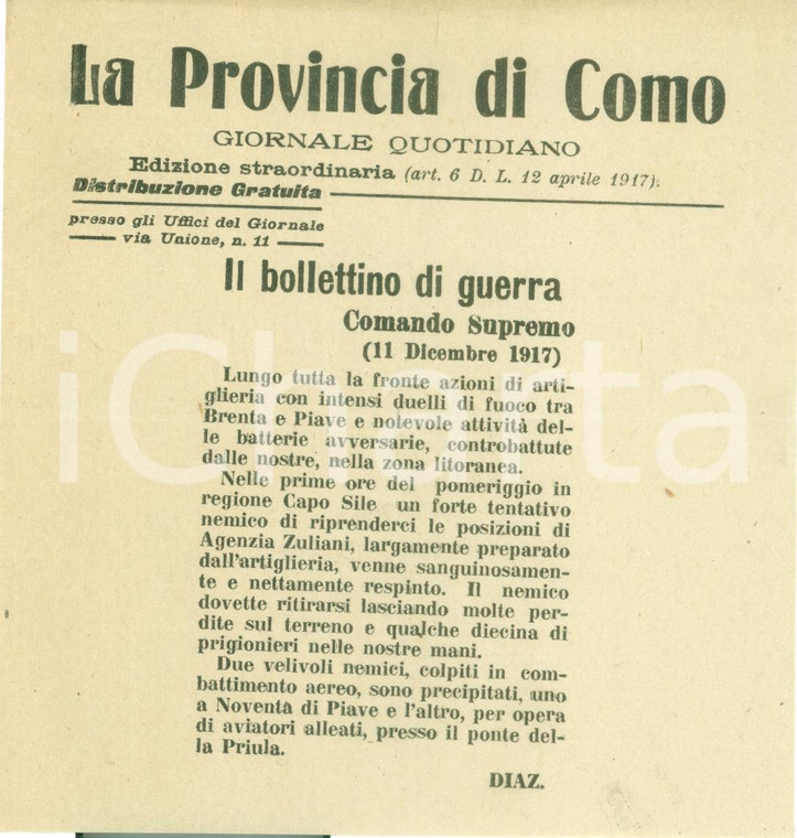 1917 FRONTE DEL PIAVE WWI Bollettino Guerra Intensi duelli a fuoco sul BRENTA