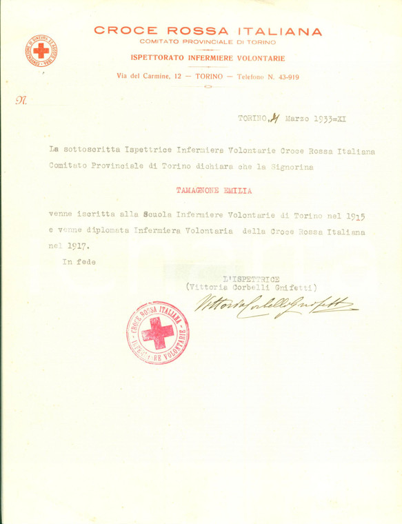 1933 TORINO Emilia TAMAGNONE infermiera CROCE ROSSA Vittoria CORBELLI GNIFETTI