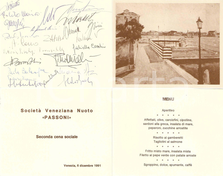 1991 VENEZIA Società Veneziana Nuoto PASSONI Menù cena sociale CON AUTOGRAFI