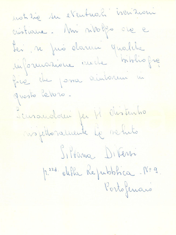 1957 PORTOFERRAIO (LI) Silvana DIVERSI studia archeologia Isola d'ELBA Autografo