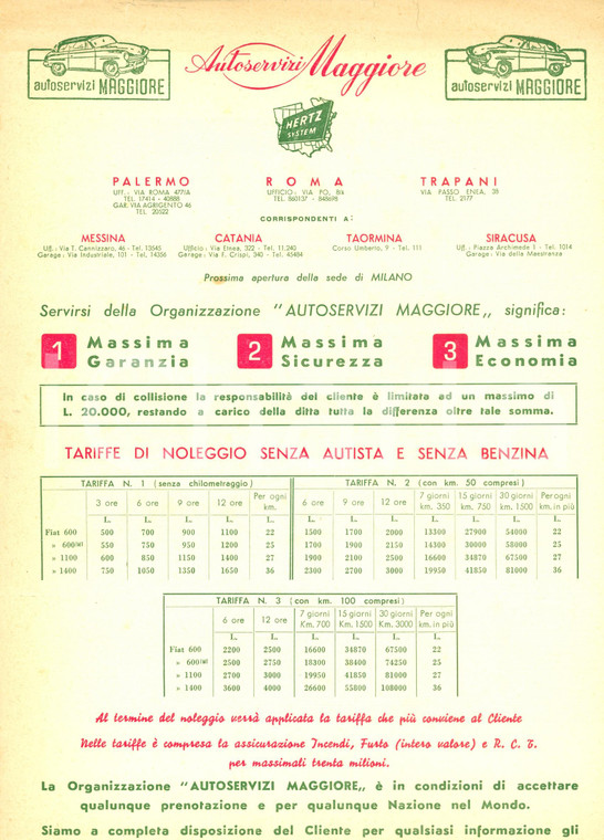 1957 PALERMO Autoservizi MAGGIORE tariffe noleggio senza autista *Pubblicità