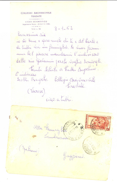 1952 TRADATE (VA) Lettera allievo del Collegio ARCIVESCOVILE - Liceo scientifico