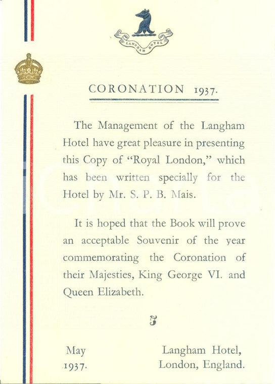 1937 LONDON (UK) Leaflet LANGHAM HOTEL Coronation GEORGE VI Queen ELIZABETH