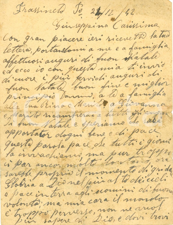 1942 FRASSINETO PO (AL) WW2 Figli in guerra in un mondo senza DIO *Lettera