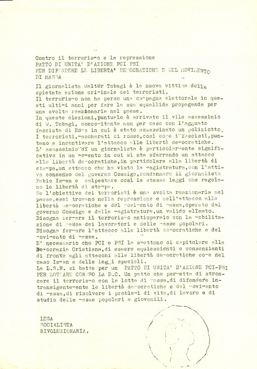 1980 LEGA SOCIALISTA RIVOLUZIONARIA Uniti vs assassinio Walter TOBAGI *Volantino