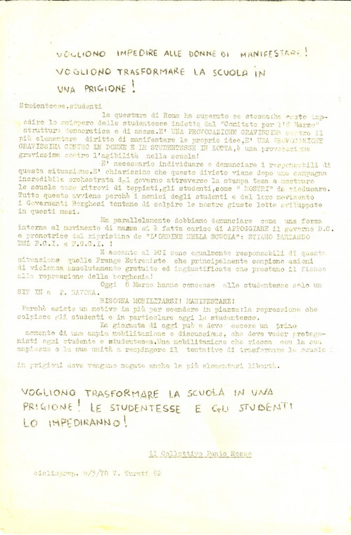 1978 MILANO Collettivo PUNTO ROSSO Studentesse contro repressione CONTROCULTURA
